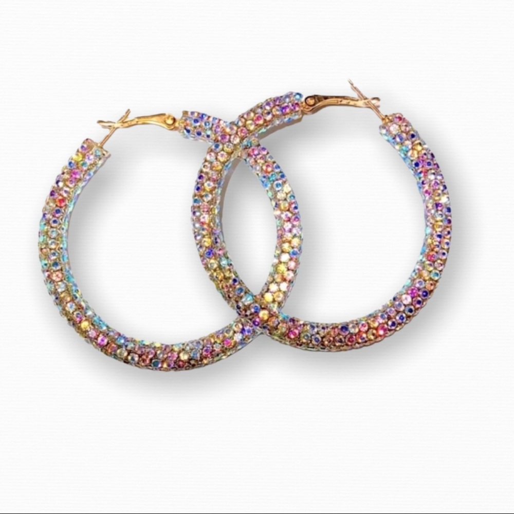 Sparkling AB Silver Rhinestone Statement Hoop Earrings • Lightweight Acrylic